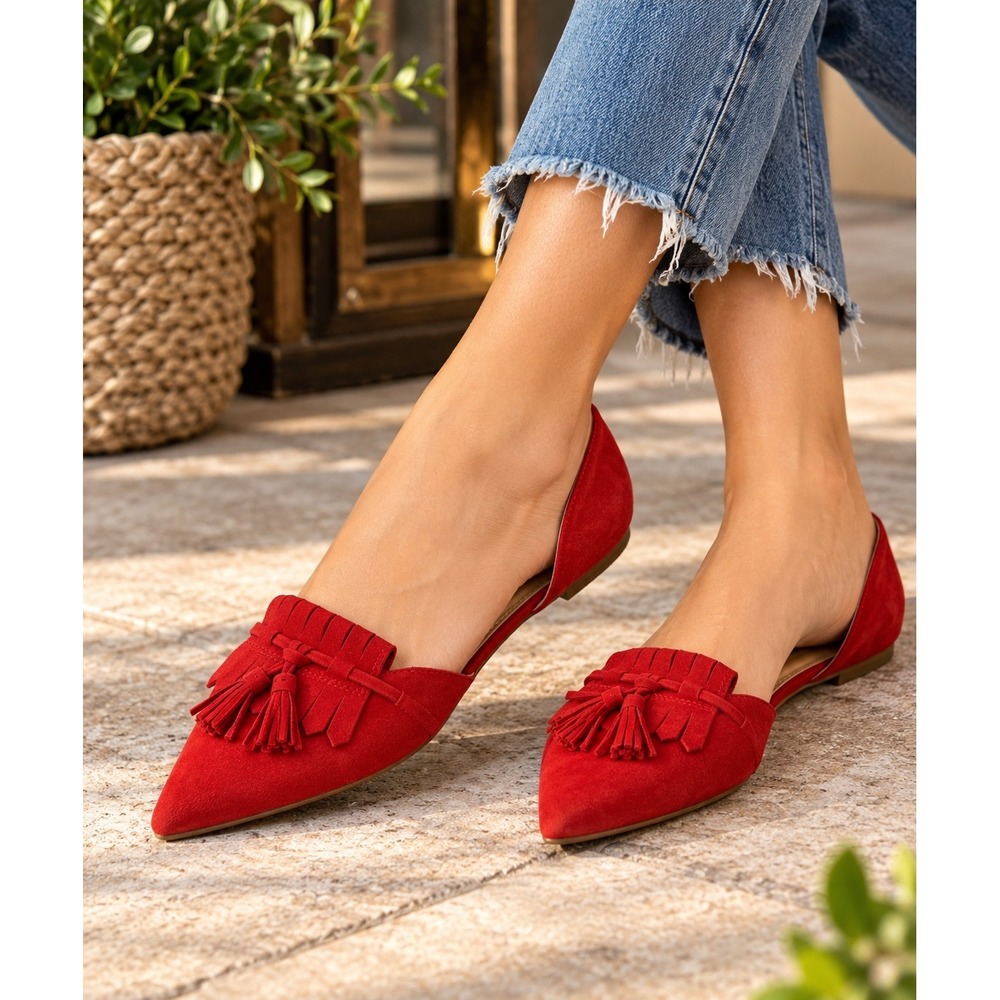 J.Crew Red Suede D'Orsay Kiltie Tassel Pointed Toe Flats Womens 8
